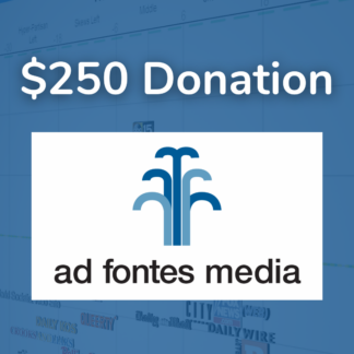 Blue box with Ad Fontes logo and $250 donation